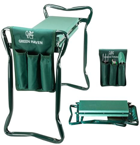 Green Haven Garden Kneeler Seat with Handles & Tool Bag – 2 in 1 Gardening Kneeling Stool for Senior Citizens – Foldable Garden Stool Kneeler and Seat – Lightweight, Heavy Duty & Portable