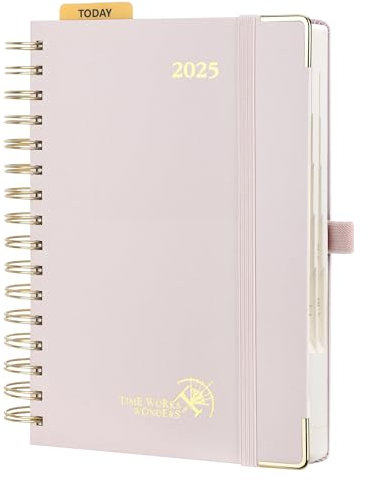 POPRUN Kalender 2025 Tagesplaner Ringbuch mit Hardcover 21,5 x 14,5 cm, Tageskalender A5 1 Tag 1 Seite (Montag - Sonntag), Terminplaner (Jan.2025-Dez.2025) mit Plastiklineal - Hellrosa