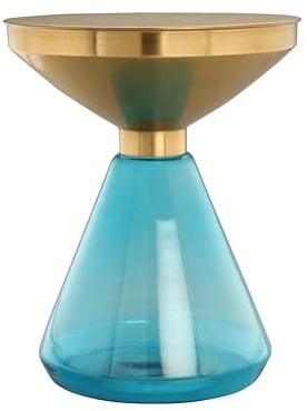 Qiyano Nekeo Beistelltisch Blau - Retro-Design, Glas, Handgefertigt, Goldene Metallplatte, Ablage, Rund, Wohn- Schlafzimmer, Modern, Pflegeleicht