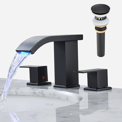 Grifos de baño de 3 agujeros, grifo de lavabo de baño de 8 pulgadas, grifo de lavabo de baño, grifo de lavabo de 3 agujeros, grifo de lavabo con drenaje desplegable (negro mate)