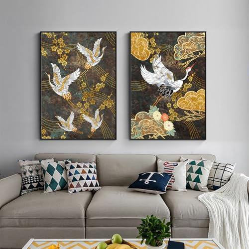 Japanischer Kranich-Druck, Japanischer Leinwand-Wandkunst, Moderne Leinwand Druck Kunst Leinwand für Wohnzimmer Gemälde-Ohne Rahmen (A,40x60cm*2)