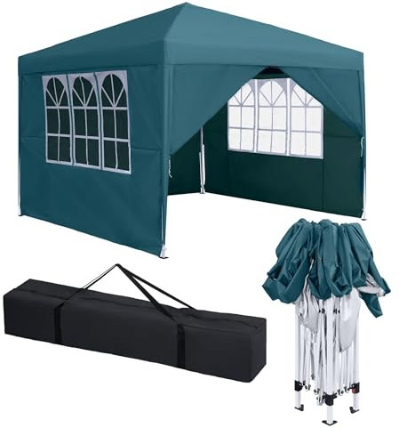 XINZI Faltpavillon Gartenpavillon Faltbar Pavillon, höhenverstellbar Partyzelt Gartenzelt mit Wasserdicht Dach und 4 Seitenteilen, UV-Schutz, Wasserdicht für Garten Hochzeit Party (3x3 m, Dunkelgrün)