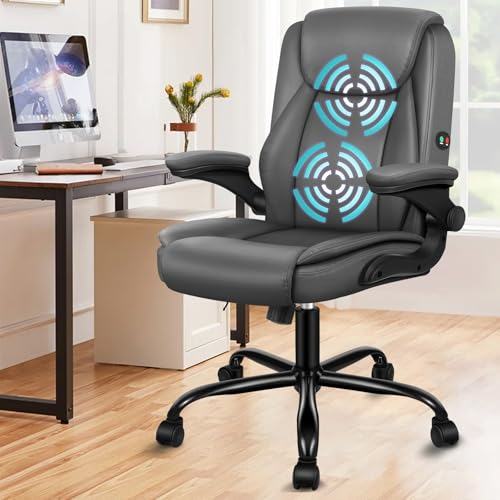 ALFORDSON Ergonomischer Massage BüRostuhl Mid Back Mit Klappbarer Armlehne, Studienstuhl Mit SGS Gas-Lift, Gaming Stuhl FüR Computer Arbeitstisch, Max Belastung 150kg, PU-Leder, Grau