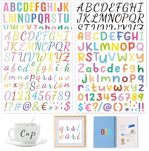 Letras Adhesivas,Yiyifor 20 Hojas Pegatinas de Letras de Vinilo,Pegatinas Alfabeto de Colores,Pegatinas de Números de Letras Autoadhesivas,para Tazas Scrapbooking Diario DIY Pegatinas