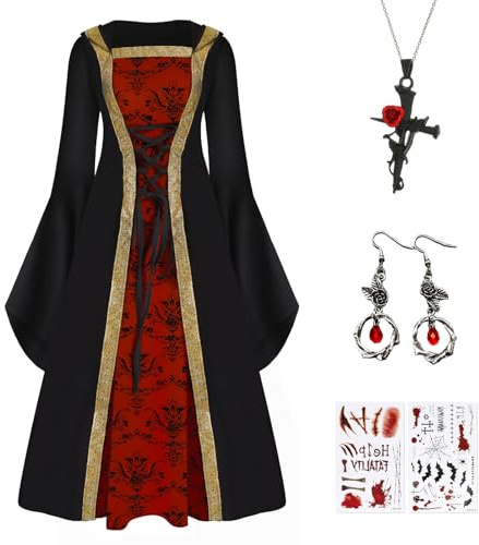 IEEILULU Disfraz Vampiro Mujer, Disfraz Bruja Mujer Vestimenta Vampiresa, Traje Halloween Señora con Collar y Pendientes, Traje de Época Renacentista (M)