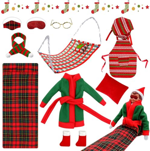 NAVESO 10 Stück Weihnachtself Puppe Zubehör, Weihnachten Elf Puppe Kostüm, Elf on The Shelf Zubehör, Elf Hängematte, Schlafsack, Schürze, Schal, Brille, Augenmaske, Kopfkissen, Schuhe, Bademantel