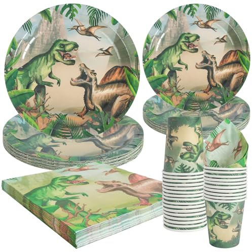 PARTY GO 96 Pcs Tyrannosaurus Rex Tableware Set, Paper Plates Cups and Napkins, Disposable Dinnerware Party Supplies for Birthday Party Baby Shower Engagement Decorations Serve 24 Guests