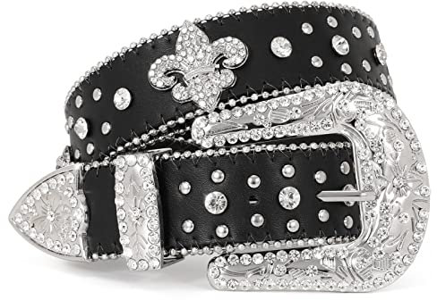 SUOSDEY Strass Nietengürtel Damen Herren Bling Kreuz Kronen Cowboy Cowgirls Western Ledergürtel fur Jeans Kleids Hose