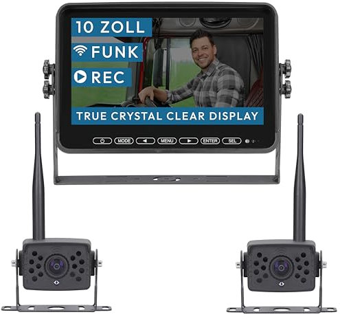 VSG24 10“ Element Wired HD Funk Rückfahrsystem mit 2 Kameras für Wohnmobil & LKW, KFZ Set Rückfahrkamera kabellos + Monitor DIY Nachrüsten 12V-24V Kamera digital Auto Rückspiegel Pferdeanhänger