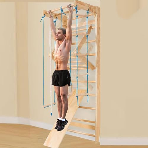 Kids Gymnastic Gym Wall Ladder Stall Bars Set - Wooden Climbing Play Structure for Exercise and Stretching - Suitable for All Family Ages