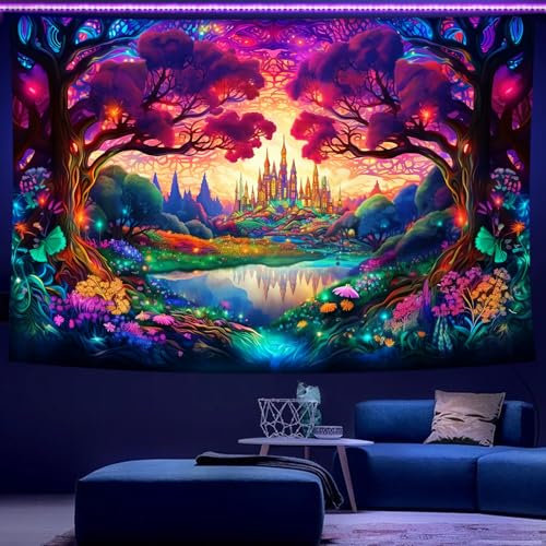 WIERAEM Schwarzlicht Wandteppich Wald Uv Psychedelic Wandtuch Natur Baum Burg Trippy WandtüCher SchöNe Bunt Fluoreszierende Tapestry Deko GroßEr 300x180cm