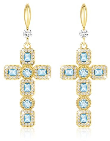 Linawe Aquamarin Blau Kreuz Ohrringe Gold Hängend, Schmuck Damenohrringe Kristall Ohringe, Strasssteine Modeschmuck Ohrhänger Vergoldet, Tropfen Hängende Ohrringe Kreuz Anhänger