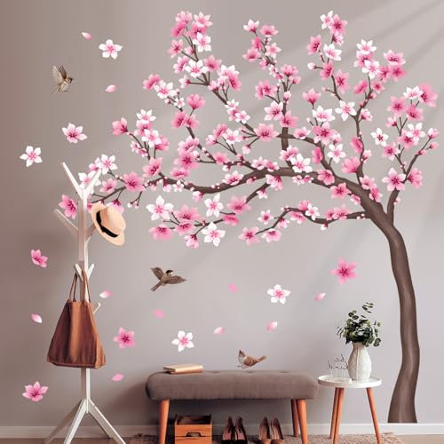 DECOWALL SG4-2431 Stickers muraux en forme de cerisier en fleurs pour chambre d'enfant salon décoration de branches de fleurs rose TV oiseaux arrière-plan artistique décoller et coller