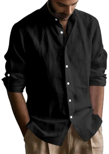 EndoraDore Mens Linen Cotton Shirts Casual Long Sleeve Regular Fit Shirt Hawaii Summer Beach Tops Black L