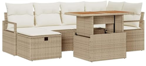 vidaXL 7-teiliges modernes Garten-Sofa-Set mit Kissen in Beige aus Poly Rattan – stylische Möbel für Balkone, Terrassen und Gärten. Höhenverstellbare Füße für mehr Komfort.