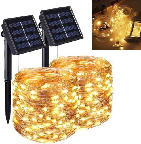 Pochrus Guirlande Lumineuse Exterieur Solaire 2Pcs, 12M 120 LED Lumière Solaire Extérieure, 8 Modes Étanche Fil de Cuivre Lumière Solaire Décoration, pour Jardin, Balcon, Terrasse, Mariage, Fête