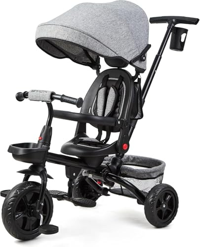 Baby-Dreirad, mitwachsend, 6-in-1, mit 360° drehbarem Sitz, Sonnenblende und Pedal – Fahrrad Kinderwagen für Kinder von 10 Monaten bis 5 Jahren (bis 25 kg) (Grau)