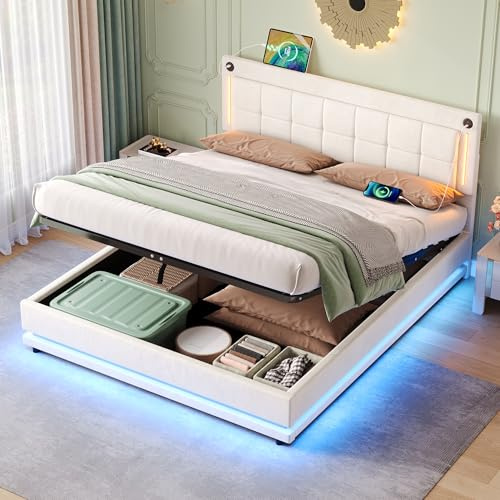 Merax 5ft King LED Hydraulic Bed Double Upholstered Bed with Charging Station, Adjustable Square Tufted Headboard, Soft Velvet Upholstered Bed with USB & Type-C Ports,Beige (No Mattress)