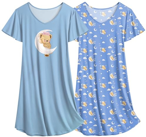 Ekouaer 2 Pack Nightgowns for Women Flare Short Sleeve Sleepshirt V Neck Sleepwear Teddy Bear + Blue Moon XL