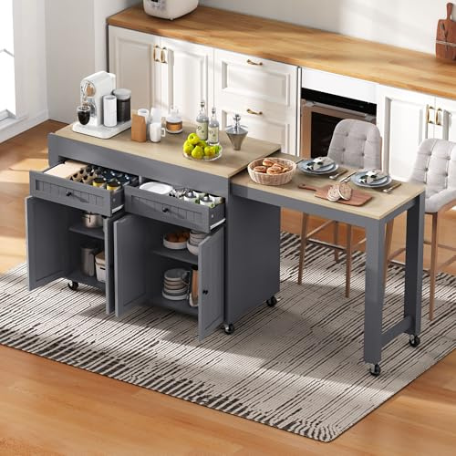YuQozii Isla de cocina con ruedas, comedor extensible con encimera y cajones, isla de cocina móvil independiente perfecta para cocina y comedor (gris+natural)