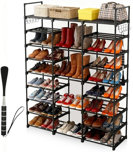 Schuhregal 9 Ebenen, Metall Schuhorganizer für 50+ Paar Schuhe, DIY mit Verstellbaren Ablagen und Teleskop-Schuhanzieher, Platzsparend für Flur, Eingang, Schlafzimmer, Schwarz