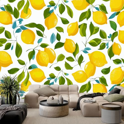 Vlies Fototapete Niedlich Minimalistisch Frucht Zitrone, 3D Effekt Panorama Tapeten Kinderzimmer - Wandtapete Vliestapete für Wohnzimmer Schlafzimmer, Gelb, 150 x 105 cm (B x H)