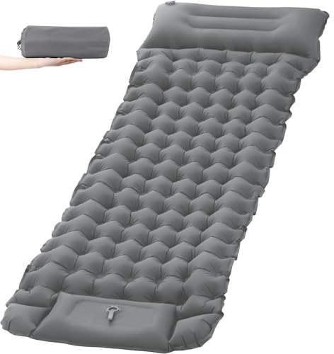 Aptliton Inflating Sleeping Pad for Camping, 10cm Thickness Camping Mat with Built-in Foot Pump, Inflatable Sleeping Mat with Pillow for Backpacking, Camping, Hiking (Grey)