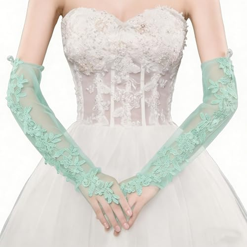 TSWNG Spitzenhandschuhe Fingerlos Lang, Brauthandschuhe Spitze Hochzeitshandschuhe, Lange Spitzen Handschuhe Offene Finger, Vintage Abendhandschuhe Opernhandschuhe für Teeparty Ballkleid, Grün