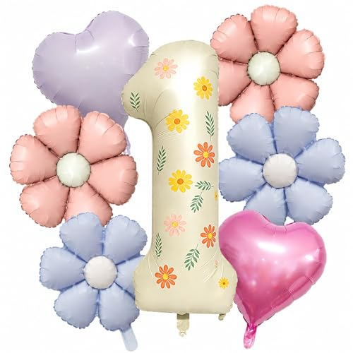 Tourima Gänseblümchen Ballon Set 1, 12-teilig, Deko für den 1. Geburtstag | 12-teiliges Set mit Zahlenballon 1, vier Blumenballons, zwei Herzballons, drei Stickerbögen, Strohhalm und Band zur Deko.