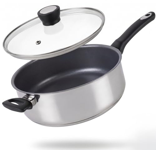Judge 28cm Non Stick Stainless Steel Frying & Saute Pan with Glass Lid | Skillet for paella, omelettes & pancakes. Stay-cool handles, oven & dishwasher safe to 180°C. All hob types, induction.