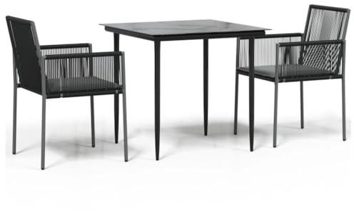 Qnhdfrt 3-TLG. Garten-Essgruppe aus Poly-Rattan, Balkonmöbel-Set mit Tisch und 2 Stühlen, Essgruppe für Terrasse oder Garten, Sitzgruppe mit Kissen, Schwarz, Stahlrahmen