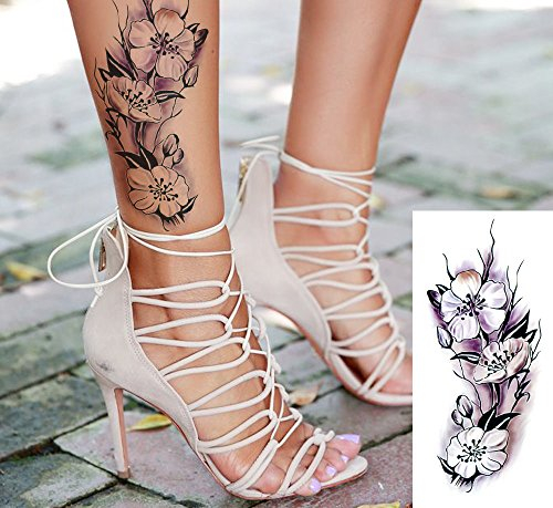 EROSPA® Tattoo-Bogen temporär - Blumenmotiv Blüten Violett Schwarz Weiß 19 x 9cm