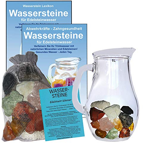 Wassersteine EDELSTEINWASSER Set 300g EDELSTEINE zum energetisieren. Steine für LEBER & GALLE VITAL + 0,5L Glaskrug Karaffe. 5-tlg Set zur Wasseraufbereitung und Wasserenergetisierung. 90042-1