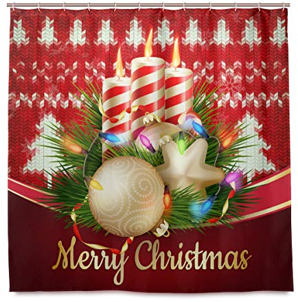 Duschvorhang mit Weihnachtsbaumkugeln aus Stoff, mit Haken, wasserdicht, für Zuhause, Badezimmer, Neujahr, Winter, Ximas, Dekoration, Bade-Deko, Stoff, Duschvorhang, schimmelresistent, 180 x 180 cm