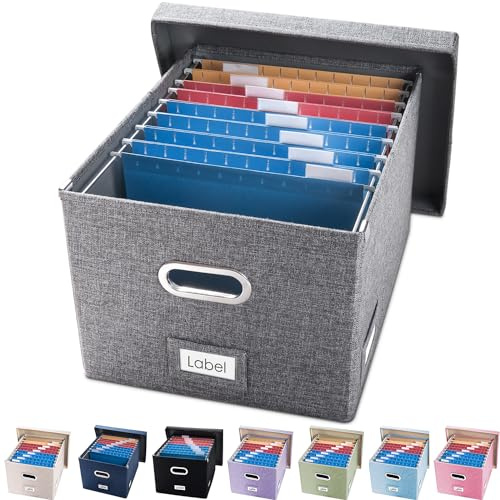 PRANDOM File Organizer Box - Set of 1 Collapsible Decorative Linen Filing Storage Hanging File Folders with Lids Office Cabinet Letter/Legal Size Grey (17x14x11.2 inch)