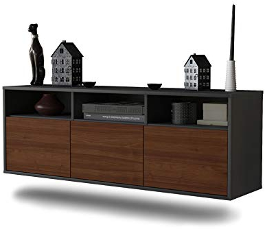 Dekati Lowboard Kansas City hängend (136x47x35cm) Korpus anthrazit matt - Front Holz-Design Walnuss - Push to Open