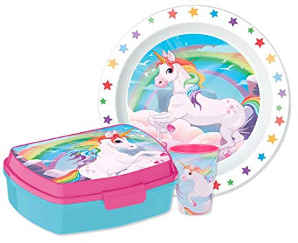Unicorno Set Accessori Pappa Asilo Piatto + Portamerenda + Bicchiere