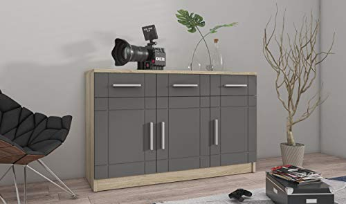 Kuechen-preisbombe Kommode Sideboard Paris 3F-3S Wohnwand Wohnzimmer Anbauwand Grau + Sonoma Eiche