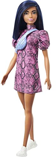 Barbie Fashionista Muñeca con Pelo Violeta, Vestido con Estampado de Serpiente y Accesorios de Moda de Juguete (Mattel GXY99)