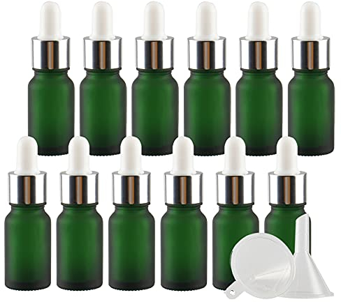 TIANZD 24 Pièces 10ml Flacons en Verre Vert Mat avec Pipettes, 10 ml Bouteilles Compte-gouttes en Verre Vides avec Bouchon à Vis Argent Pour Les Huiles Essentielles Aromathérapie