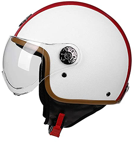 Retro Motorrad Leder Halbhelm Erwachsene Jethelm Vintage Half Face Motorradhelm DOT/ECE Zertifiziert Moped Roller Helm Für Männer Frauen Touring Casco Moto Helm,Weiß,M