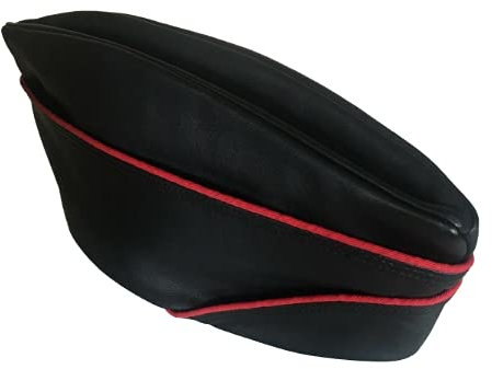 N? Echtes Leder Army Soldier Side Envelope Cap Hat Schwarz Rot Trim, Schwarz , 7 3/8
