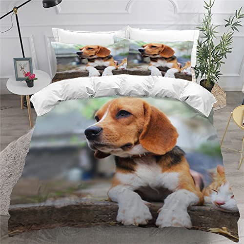 AOYNP Bettwäsche 135x200 Beagle und Braune Katze Bettbezug Set 3 teilig Weich Microfaser Bettwaren Süß Tier Hund Bettwäsche-Set für Kinder Teenager ReißVerschluss Bettbezug Mit 2 Kissenbezug 80x80cm