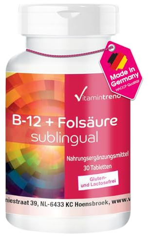 Vitamina B-12 + ácido fólico sublingual - 30 comprimidos con acerola vitamina C + sabor cereza - metilcobalmina - alta dosificación - vegano - suplementos de Alemania | Vitamintrend®