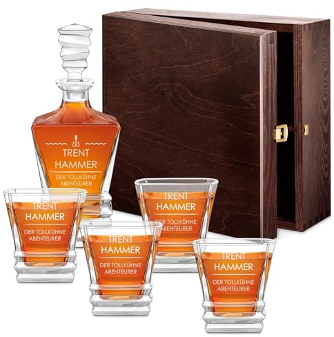 Maverton 800 ml Whisky Karaffe + 4 / 6er Whiskygläser Set mit Gravur - Whisky Dekanter aus Kristallglas - Whiskey Dekanter Set für Männer zum Geburtstag - zum Vatertag - Abenteurer