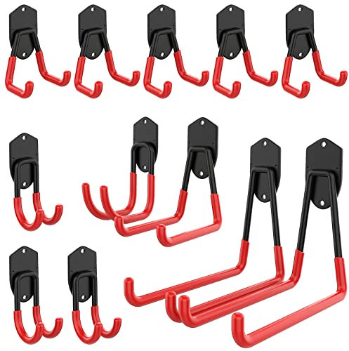 WALMANN 12PCS Garage Storage System Hooks, Wall Mount Heavy Duty Rubber Coated Utility Hooks for Garden Tools, Ladders, Cords, Folding Chairs, Weed Eaters, Shovels and Rakes