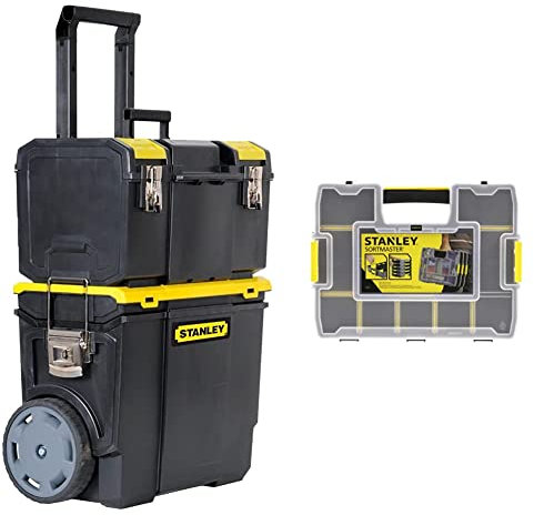 STANLEY 3 in 1 Rolling Work Centre Toolbox with Pull Handle & Sortmaster Stackable Storage Organiser for Tools, Small Parts, Adjustable Compartments, 1-97-483