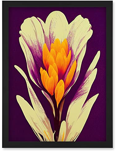 Wee Blue Coo Vibrant Saffron Crocus Flower Abstract in Violet Orange Cream Artwork Framed Wall Art Print A4