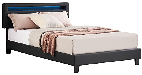 Polsterbett CARIBO 120x200 cm, Bett mit Kunstleder in schwarz und LED Beleuchtung, Lederimitat, modern, skandinavisch, bequemes gepolstertes Bett