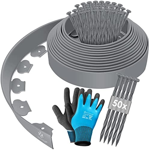 KESSER® Flexible Rasenkante aus Kunststoff Länge 10m Höhe 5cm, mit 65 Erdanker + 1 Paar Handschuhe Beeteinfassung Beetumrandung Beetbegrenzung Mähkante Pflastersteine Palisade - Grau